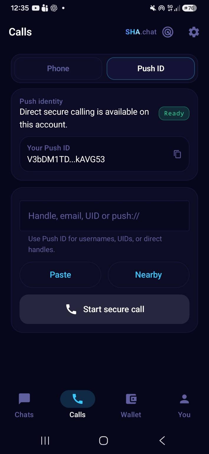 sha.chat secure calling screen showing Push ID calling, direct secure calling status, and a start secure call action